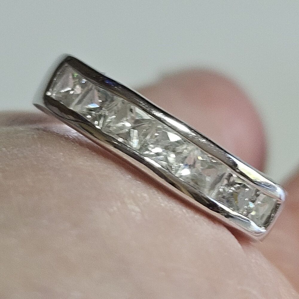 Silver Tone Princess Cut Channel Set Rhinestone Band Size 6